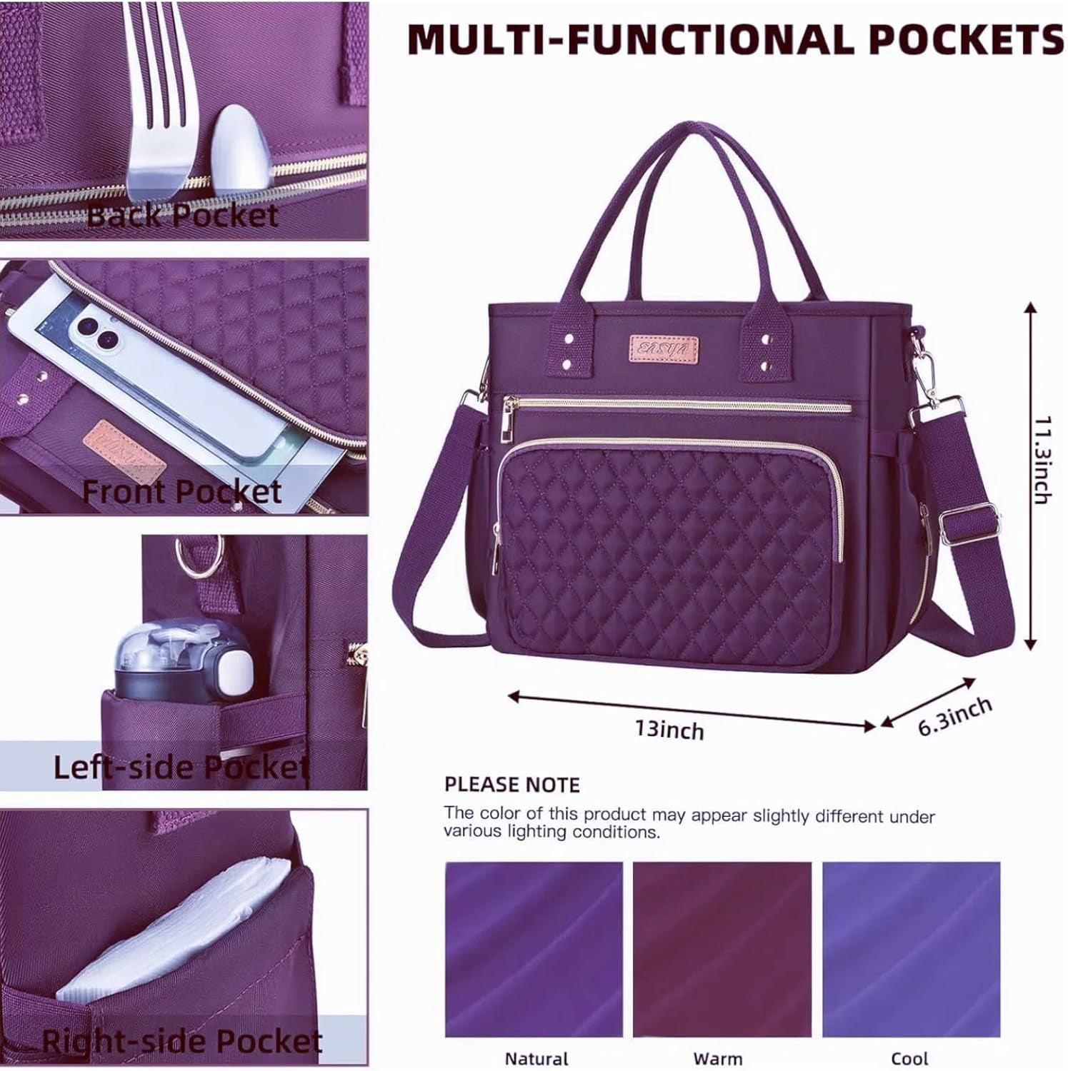 Large Women Lunch Bags for Work Insulated/Insulated Adult Lunch Box for Womens/Nylon Thermal Lunch Bag for Women/Leakproof Cooler Lunch Tote Bag with Storage Pocket (Mirage Purple)