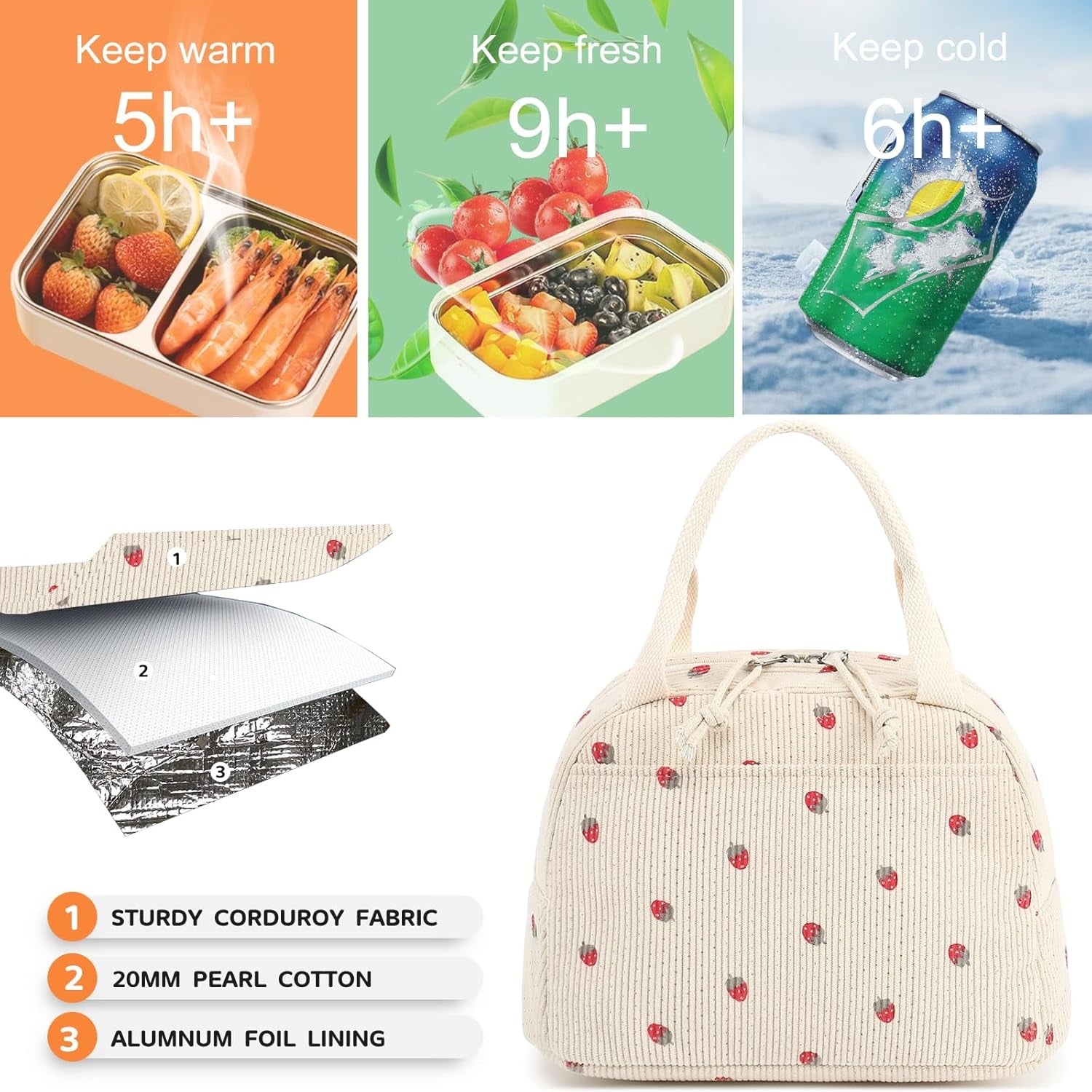 Lunch Bag for Women Men Cute Corduroy Lunch Tote Bags Reusable Insulated Lunch Box Large Capacity Reusable Insulated Cooler for Work Picnic or Travel (Corduroy Strawberry), 0249