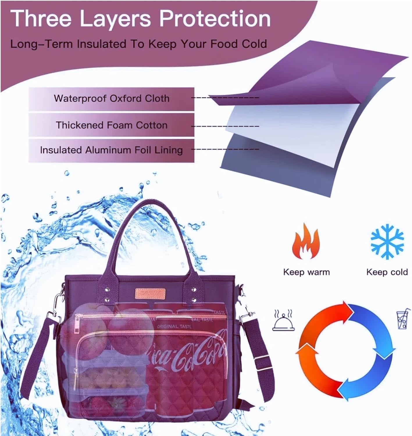 Large Women Lunch Bags for Work Insulated/Insulated Adult Lunch Box for Womens/Nylon Thermal Lunch Bag for Women/Leakproof Cooler Lunch Tote Bag with Storage Pocket (Mirage Purple)