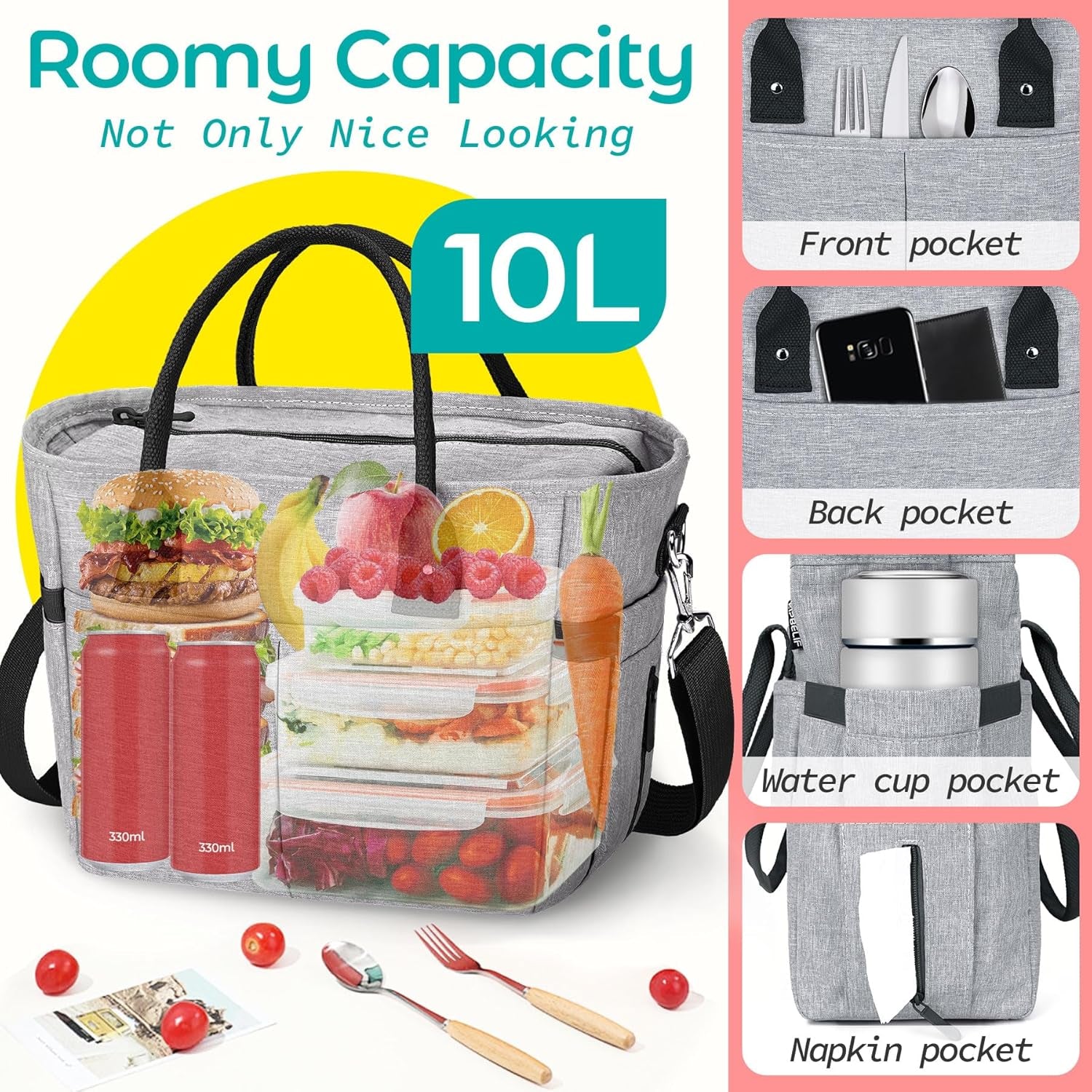 Insulated Lunch Bag Stylish Reusable Meal Prep Cooler Large Tote  Lunch Box for Women with Shoulder Strap, Side Pockets with Zipper Napkin Opening and Water Bottle Holder