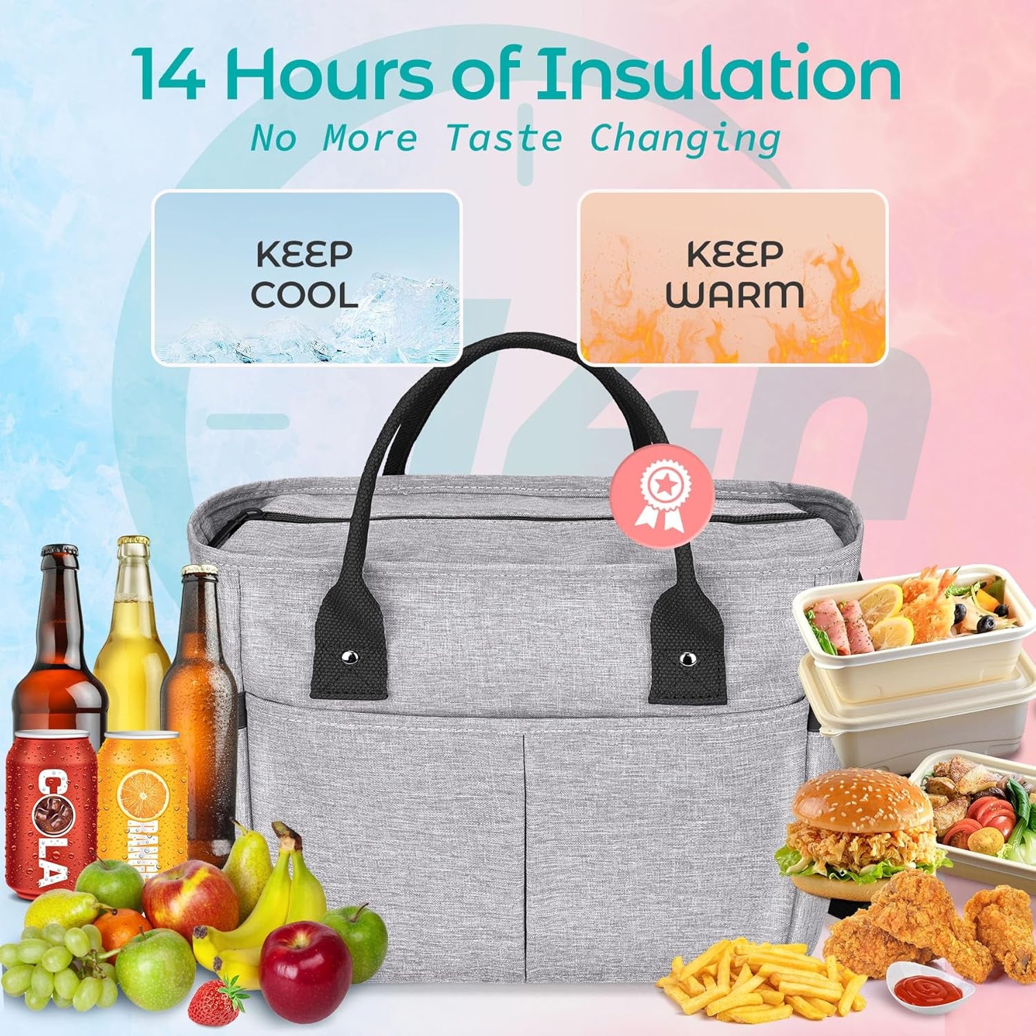 Insulated Lunch Bag Stylish Reusable Meal Prep Cooler Large Tote  Lunch Box for Women with Shoulder Strap, Side Pockets with Zipper Napkin Opening and Water Bottle Holder