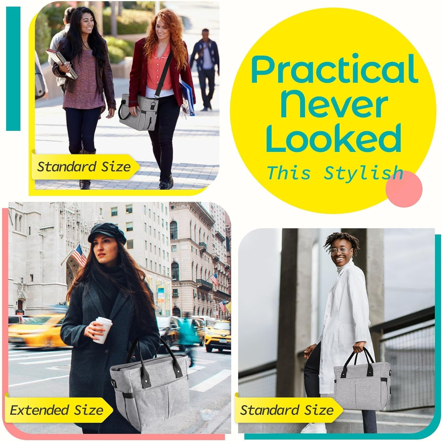 Insulated Lunch Bag Stylish Reusable Meal Prep Cooler Large Tote  Lunch Box for Women with Shoulder Strap, Side Pockets with Zipper Napkin Opening and Water Bottle Holder